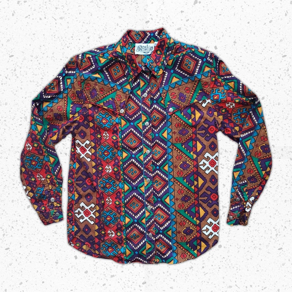 VTG 90s Western Abstract Aztec Pattern Blouse Sz M by Rodeo Western Wear